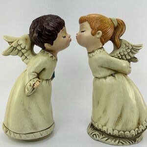 Vintage Kissing Angel Figurine Music Box Pair Handmade Mid Century Romantic